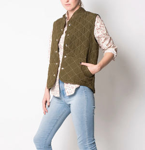 Quilted Snap Vest Unisex Olive