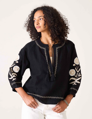 Palermo Linen Embroidered Linen Blouse - Noir & Cream