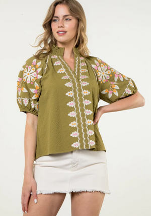 Embroidered Puff Sleeve Top Green