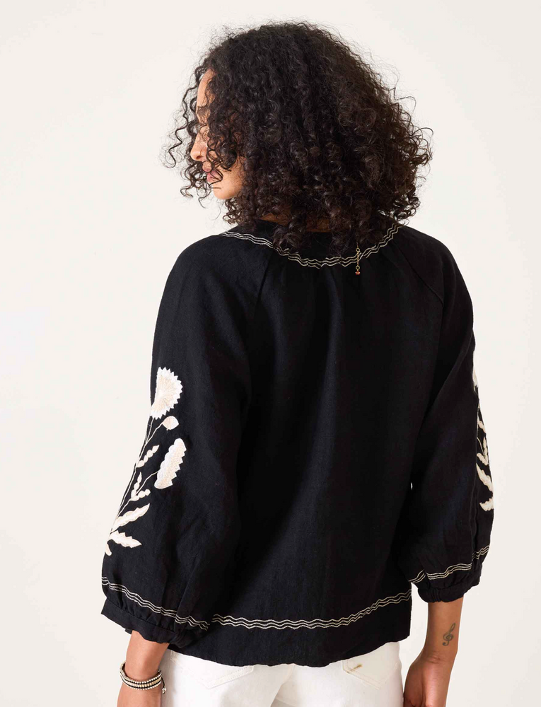 Palermo Linen Embroidered Linen Blouse - Noir & Cream