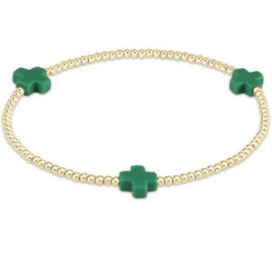 Signature Cross Small Gold Pattern 2mm Bead Bracelet - Emerald