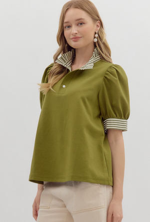 Olive Puff Shoulder Top