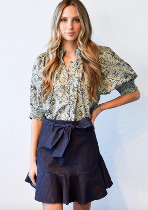 Gathered Button Down Top Blue Floral