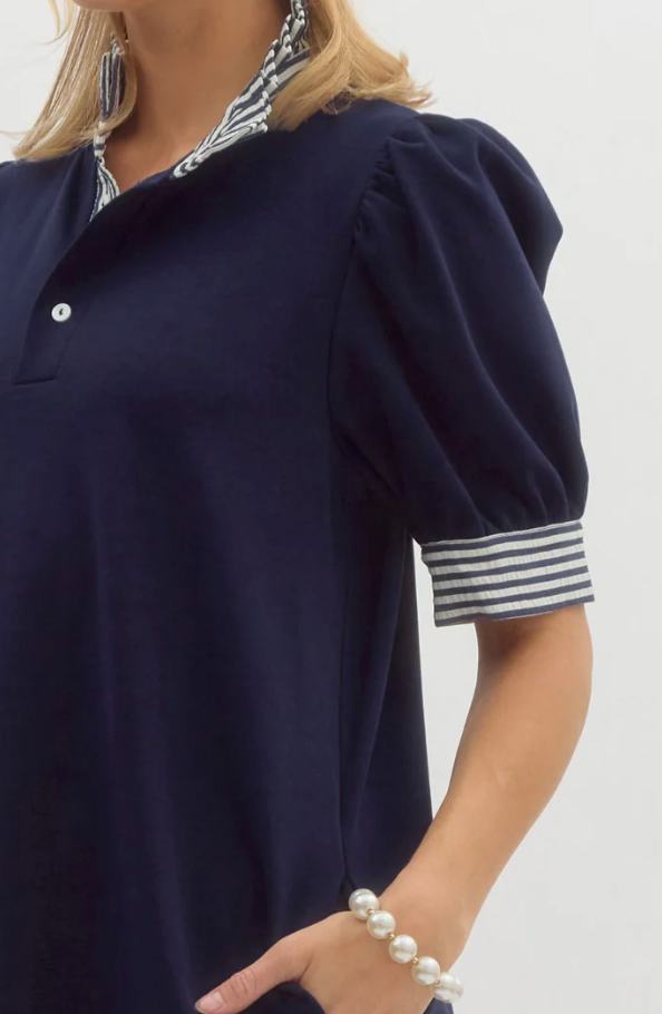 Navy Seersucker Collar Dress