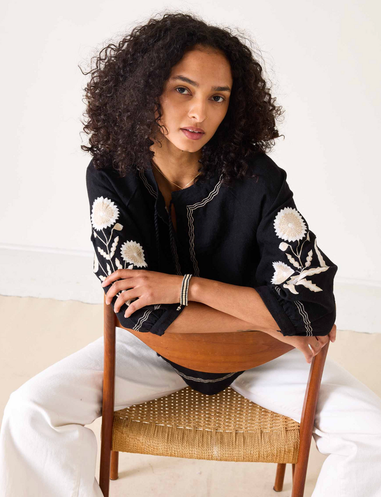 Palermo Linen Embroidered Linen Blouse - Noir & Cream