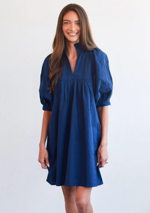 High Neck Dress Navy Woven