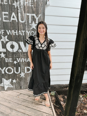 Embroidered V-Neck Dress Black