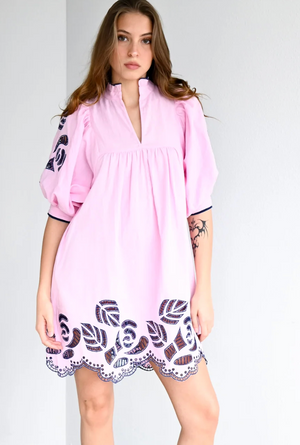 High Neck Dress Prism Pink Embroidery