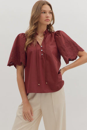 Maroon Eyelet Puff Sleeve Top