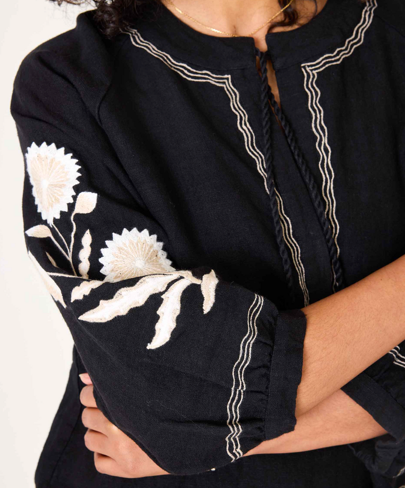 Palermo Linen Embroidered Linen Blouse - Noir & Cream