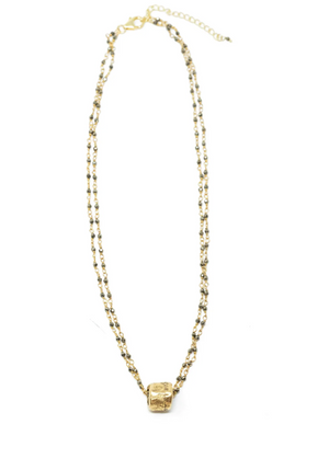 Small Gold Barrel on Double Pyrite Necklace