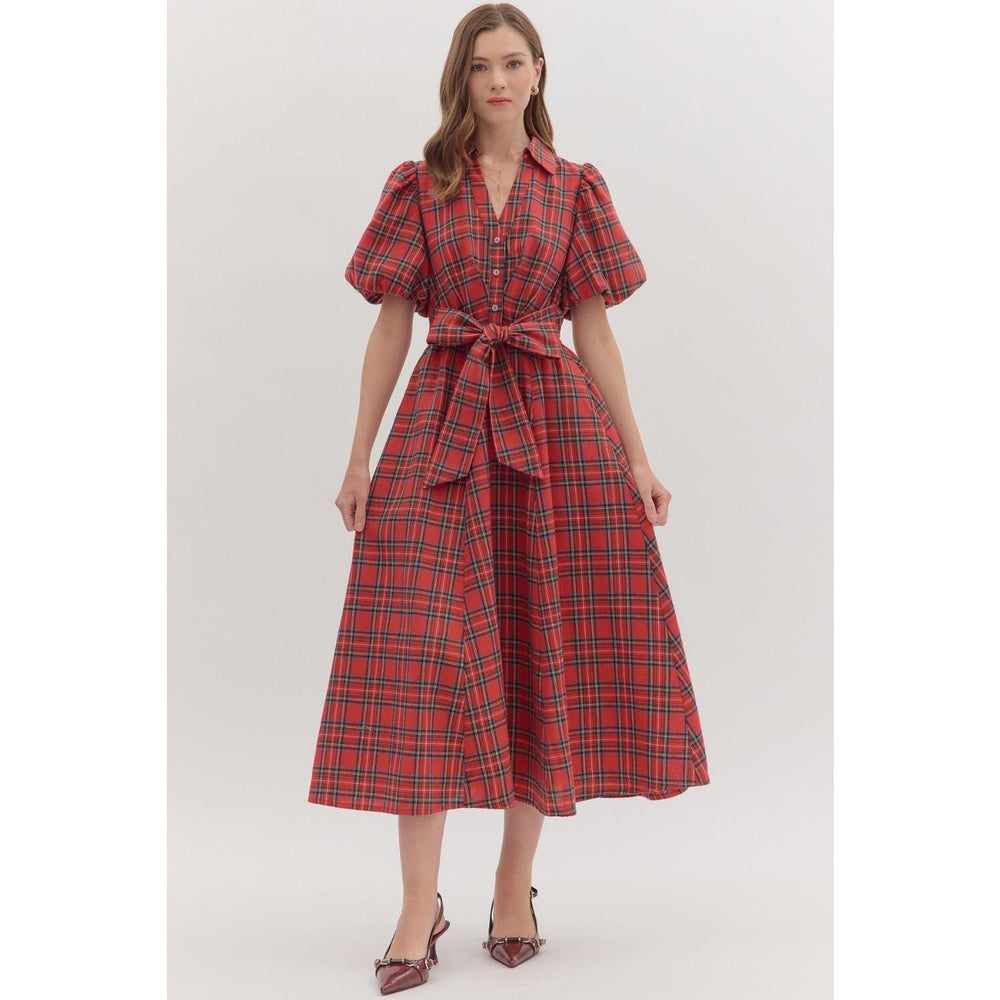 Red Plaid Midi Dress