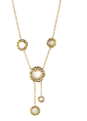 
            
                Load image into Gallery viewer, Moon Daisy Y Necklace - Brass &amp;amp; Mother of Pearl
            
        